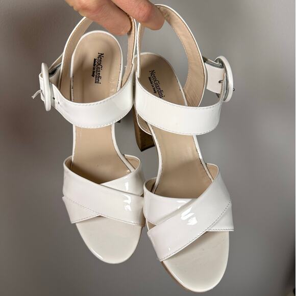NeroGiardini White & Tan Cork Buckle Patent Leather Platform Heels Women's 11 - Picture 4 of 11
